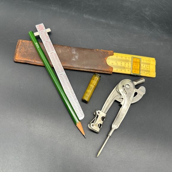 Other - Vintage Drawing Drafting Tool Lot Unis France Slide Rule Compass Pencil As Is